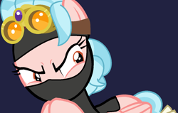 Size: 1124x714 | Tagged: safe, artist:jadeharmony, artist:littlecloudie, cozy glow, pegasus, pony, g4, alternate hairstyle, balaclava, base used, blue background, clothes, evil grin, female, goggles, grin, mare, mask, ninja, older, older cozy glow, raised hoof, secret agent, serious, serious face, simple background, smiling, solo, spy, sweater