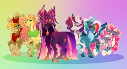 Size: 2048x1116 | Tagged: safe, artist:alzmariowolfe, applejack, fluttershy, pinkie pie, rainbow dash, rarity, twilight sparkle, alicorn, pegasus, pony, unicorn, g4, artificial wings, augmented, bandana, bow, clothes, cloven hooves, collar, female, glasses, magic, magic wings, mane six, mare, multicolored hair, redesign, scarf, twilight sparkle (alicorn), unicorn fluttershy, unshorn fetlocks, wings