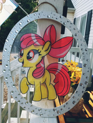 Size: 1920x2527 | Tagged: safe, artist:annuthecatgirl, apple bloom, earth pony, pony, g4, female, filly, glass painting, high res, irl, open mouth, open smile, painting, photo, smiling, solo, traditional art