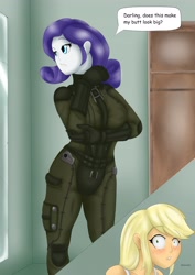 Size: 2894x4093 | Tagged: safe, artist:wolfjarl, applejack, rarity, fanfic:fallout girls, equestria girls, g4, armor, blushing, bodysuit, brotherhood of steel, clothes, fallout, fallout girls, female, high res, humanized, lesbian, mirror, rhetorical question, ship:rarijack, shipping, skintight, skintight clothes