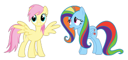 Size: 2277x1064 | Tagged: safe, edit, vector edit, fluttershy, rainbow dash, pegasus, pony, ponyar fusion, g4, duo, duo female, female, flutter dash, fusion, mare, nervous, palette swap, rainbowshy (ponyar fusion), recolor, simple background, smiling, transparent background, vector