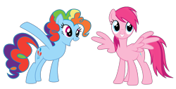Size: 2120x1081 | Tagged: safe, edit, vector edit, pinkie pie, rainbow dash, earth pony, pegasus, pony, ponyar fusion, g4, duo, duo female, female, fusion, hilarious in hindsight, mare, palette swap, pinkie dash, rainbow pie (ponyar fusion), recolor, simple background, smiling, transparent background, vector