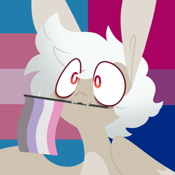 Size: 2019x2019 | Tagged: safe, artist:glowfangs, oc, oc only, oc:leech, pegasus, pony, :3, asexual, bags under eyes, bisexual pride flag, cupiosexual, cupiosexual pride flag, fangs, high res, holding a flag, male, mouth hold, pegasus oc, ponysona, pride, pride flag, pride month, solo, stallion, transgender, transgender pride flag