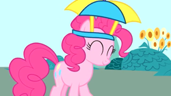 Size: 638x360 | Tagged: safe, pinkie pie, earth pony, pony, feeling pinkie keen, g4, 2009, ^^, cute, diapinkes, eyes closed, hat, my little pony adventures, pony history, prototype, show bible, show pilot, smiling, solo, start of ponies, umbrella, umbrella hat