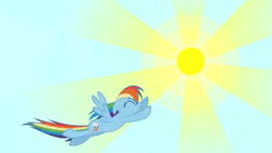 Size: 638x360 | Tagged: safe, rainbow dash, pegasus, pony, g4, 2009, eyes closed, female, flying, mare, my little pony adventures, pony history, prototype, show bible, show pilot, sky, smiling, solo, start of ponies, sun, youtube link
