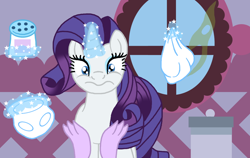 Size: 1354x855 | Tagged: safe, artist:pandalove93, rarity, oc, oc:garnet, dracony, dragon, hybrid, pony, unicorn, g4, baby powder, diaper, diaper change, diaper fetish, diaper pail, duo, female, fetish, foal powder, interspecies offspring, levitation, magic, magic aura, messy diaper, mother and child, mother and daughter, offscreen character, offspring, parent:rarity, parent:spike, parents:sparity, poop, poopy diaper, solo focus, stink lines, telekinesis, used diaper, visible stench