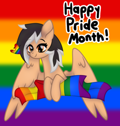 Size: 1084x1133 | Tagged: safe, artist:froyo15sugarblast, artist:nocturnal-moonlight, oc, oc only, oc:hearty felt, pegasus, pony, base used, eye clipping through hair, female, gay pride flag, happy, heart, lgbt, lgbt flag, lgbtq, mare, pride, pride flag, pride month, rainbow, ribbon, shading, smiling, solo, text, wings