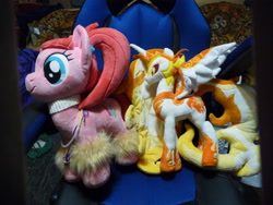 Size: 3648x2736 | Tagged: safe, artist:my-little-plush, daybreaker, pacific glow, alicorn, earth pony, pony, g4, female, high res, irl, jewelry, leg warmers, mare, necklace, pacifier, photo, pigtails, pink coat, plushie, regalia, spread wings, wings