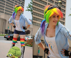 Size: 900x732 | Tagged: safe, artist:twin-cosplay, rainbow dash, human, turtle, g4, clothes, connecticon, connecticon 2012, converse, cosplay, costume, goggles, hand on hip, irl, irl human, photo, plushie, rainbow socks, shoes, shorts, sneakers, socks, striped socks