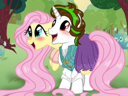 Size: 1024x768 | Tagged: safe, artist:jvartes6112, fluttershy, oc, oc:jv6112, alicorn, pegasus, pony, g4, alicorn oc, blushing, canon x oc, clothes, dress, female, horn, looking up, male, mare, open mouth, outdoors, ponies riding ponies, riding, shipping, smiling, stallion, straight, suit, tangled (disney), tree, wings