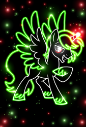 Size: 1080x1596 | Tagged: safe, artist:jvartes6112, oc, oc only, oc:jv6112, alicorn, pony, alicorn oc, glowing eyes, glowing horn, hoof on chest, horn, lineart, male, neon, open mouth, smiling, solo, stallion, unshorn fetlocks, wings