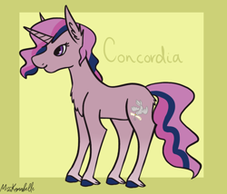 Size: 1750x1500 | Tagged: safe, artist:misskanabelle, oc, oc only, oc:concordia, pony, unicorn, abstract background, chest fluff, ear fluff, female, hoof fluff, horn, magical lesbian spawn, mare, offspring, parent:starlight glimmer, parent:twilight sparkle, parents:twistarlight, signature, solo, unicorn oc