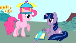 Size: 638x360 | Tagged: safe, edit, pinkie pie, twilight sparkle, twilight twinkle, pegasus, pony, unicorn, feeling pinkie keen, g4, 2009, book, confused, duo, hat, moon, pegasus pinkie pie, pony history, race swap, show bible, show pilot, smiling, stars, start of ponies, umbrella, umbrella hat, unicorn twilight, what could have been, wings