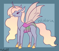 Size: 1750x1500 | Tagged: safe, artist:misskanabelle, oc, oc only, oc:wisteria, changeling, changeling queen, changepony, pony, abstract background, changeling queen oc, female, hoof shoes, horn, interspecies offspring, magical lesbian spawn, offspring, parent:princess celestia, parent:queen chrysalis, parents:chryslestia, signature, solo, wings