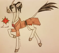 Size: 2994x2703 | Tagged: safe, artist:agdapl, pony, unicorn, clothes, colored hooves, crossover, high res, male, medic, ponified, raised hoof, signature, stallion, team fortress 2, traditional art