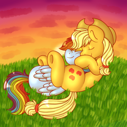 Size: 1000x1000 | Tagged: safe, artist:officialcrystalpepsi, applejack, rainbow dash, earth pony, pegasus, pony, appledash, applejack's hat, cloud, cowboy hat, cute, dashabetes, digital art, eyes closed, female, folded wings, grass, hat, hooves up, jackabetes, lesbian, lying down, mare, outdoors, resting, shipping, smiling, snuggling, sun, sunset, wings