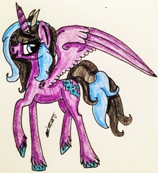 Size: 2265x2482 | Tagged: safe, artist:beamybutt, oc, oc only, alicorn, pony, alicorn oc, bust, eyelashes, female, high res, horn, mare, signature, smiling, solo, traditional art, unshorn fetlocks, wings
