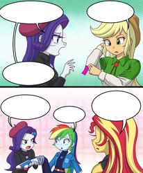 Size: 776x942 | Tagged: safe, artist:uotapo, applejack, rainbow dash, rarity, sunset shimmer, equestria girls, g4, my little pony equestria girls: better together, beatnik rarity, beret, clothes, female, french rarity, hat, jacket, long sleeves, new outfit, sweater, template