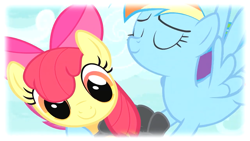 Size: 1280x720 | Tagged: safe, edit, edited screencap, screencap, apple bloom, rainbow dash, earth pony, pegasus, pony, g4, season 8, the washouts (episode), bow, clothes, eyes closed, female, filly, flying, hair bow, holding a pony, looking at you, sky, smiling, suit