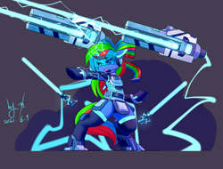 Size: 1024x780 | Tagged: safe, artist:ninebuttom, oc, oc only, oc:shining star, pony, unicorn, action pose, armor, bipedal, bowtie, energy weapon, gun, lightning, science fiction, solo, sword, visor, weapon