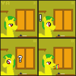 Size: 512x512 | Tagged: safe, artist:valuable ashes, oc, oc only, oc:technical writings, pony, unicorn, 4 panel comic, comic, exclamation point, holding a flag, male, pansexual pride flag, pride, pride flag, pride month, question mark, solo, stallion, story included, window
