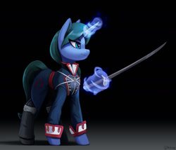 Size: 2000x1713 | Tagged: safe, artist:mrscroup, oc, oc only, oc:arclight, pony, unicorn, assassin's creed, black background, blue eyes, clothes, commission, cutie mark, dark background, gradient background, levitation, magic, melee weapon, simple background, solo, sword, telekinesis, uniform, weapon