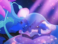 Size: 2048x1535 | Tagged: safe, artist:pierogarts, princess luna, alicorn, pony, do princesses dream of magic sheep, g4, my little pony: friendship is magic, cute, dream, eyes closed, grainy, luna's dream, lunabetes, scene interpretation, sleeping, solo, surreal