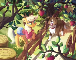Size: 4096x3223 | Tagged: safe, artist:saxopi, applejack, winona, dog, earth pony, pony, g4, apple, apple tree, belt, clothes, complex background, duo, female, fence, food, grass, high res, leaning, leaves, mare, outdoors, shadow, shirt, shorts, standing, tongue out, tree, tree branch, tree stump, wagon wheel
