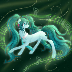 Size: 1600x1600 | Tagged: safe, artist:naezithania, earth pony, pony, anime, female, hatsune miku, headphones, mare, necktie, ponified, solo, vocaloid