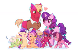 Size: 1280x890 | Tagged: safe, artist:kino-ta, big macintosh, little mac, sugar belle, oc, oc:apple tart (kino-ta), oc:braeburn, oc:golden russ, oc:honey crisp (kino-ta), oc:jubilee, oc:pippin apple (kino-ta), earth pony, pony, unicorn, g4, colt, female, filly, male, name change, offspring, older, parent:big macintosh, parent:sugar belle, parents:sugarmac, ship:sugarmac, shipping, simple background, story included, straight, white background