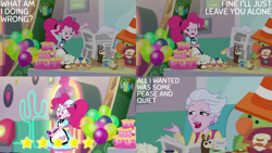 Size: 1280x720 | Tagged: safe, edit, edited screencap, editor:quoterific, screencap, pinkie pie, sour persimmon, dog, equestria girls, five stars, g4, my little pony equestria girls: better together, cake, cellphone, coffee mug, duo, duo female, female, food, mug, newspaper, open mouth, pancakes, phone, server pinkie pie, smartphone, smiling, sweet snacks cafe