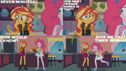 Size: 1280x720 | Tagged: safe, edit, edited screencap, editor:quoterific, screencap, pinkie pie, sunset shimmer, equestria girls, equestria girls specials, g4, my little pony equestria girls: better together, my little pony equestria girls: holidays unwrapped, saving pinkie's pie, apron, clothes, cutie mark, cutie mark on clothes, duo, duo female, female, food, geode of empathy, jacket, jewelry, leather, leather jacket, magical geodes, necklace, souffle, tank top