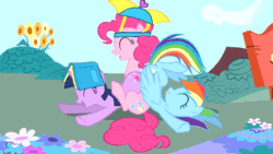 Size: 600x339 | Tagged: safe, pinkie pie, rainbow dash, twilight sparkle, earth pony, pegasus, pony, unicorn, feeling pinkie keen, g4, animated, book, eyes closed, gif, hat, laughing, my little pony adventures, pony history, show bible, show pilot, smiling, start of ponies, trio, umbrella, umbrella hat, unicorn twilight