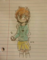 Size: 801x1024 | Tagged: safe, artist:gravityfox10, oc, oc only, human, clothes, earbuds, female, humanized, jewelry, lined paper, necklace, signature, skirt, solo, traditional art