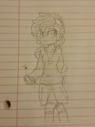 Size: 764x1024 | Tagged: safe, artist:gravityfox10, oc, oc only, human, clothes, earbuds, female, humanized, jewelry, lined paper, necklace, signature, skirt, solo, traditional art