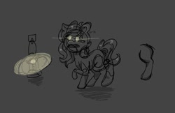 Size: 1024x665 | Tagged: safe, artist:gravityfox10, oc, oc only, earth pony, pony, earth pony oc, glowing eyes, gray background, lantern, lineart, raised hoof, simple background, solo