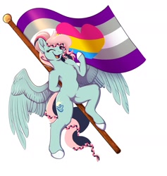 Size: 1800x1900 | Tagged: safe, artist:gobiraptor, oc, oc only, oc:noontime breeze, pegasus, pony, asexual, asexual pride flag, flag, flag pole, looking at you, one eye closed, panromantic, pegasus oc, pride, pride flag, smiling, smiling at you, wink, winking at you