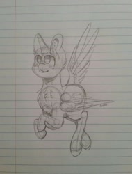 Size: 780x1024 | Tagged: safe, artist:gravityfox10, oc, oc only, alicorn, pony, alicorn oc, chest fluff, horn, lineart, lined paper, sketch, smiling, solo, traditional art, wings