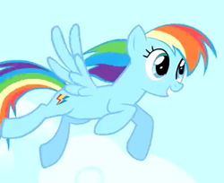 Size: 387x316 | Tagged: safe, rainbow dash, pegasus, pony, g4, 2009, alternate cutie mark, alternate eye color, blue eyes, flying, my little pony adventures, rainbow cyclone, show bible, show pilot, sky, smiling, solo, youtube link