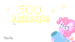 Size: 640x360 | Tagged: safe, artist:gravityfox10, pinkie pie, earth pony, pony, g4, animated, blinking, confetti, ear fluff, female, gif, mare, milestone, party cannon, smiling, solo