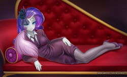 Size: 1649x1000 | Tagged: safe, alternate version, artist:racoonsan, color edit, edit, editor:drakeyc, rarity, equestria girls, g4, rarity investigates, clothes, colored, couch, draw me like one of your french girls, dress, fainting couch, fascinator, high heels, horn, horned humanization, humanized, looking at you, necktie, pantyhose, scene interpretation, shoes, skin color edit, skirt, solo, stupid sexy rarity, suit