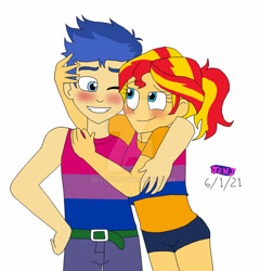 Size: 1280x1331 | Tagged: safe, artist:stella-exquisa, flash sentry, sunset shimmer, equestria girls, g4, bisexual, bisexual pride flag, female, male, pride, pride flag, pride month, ship:flashimmer, shipping, straight