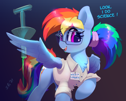 Size: 5000x3993 | Tagged: safe, artist:xbi, rainbow dash, pegasus, pony, g4, absurd resolution, alternate hairstyle, badge, balancing, clothes, dark background, dialogue, drinking, egghead, egghead dash, erlenmeyer flask, fail, female, flask, glasses, gradient background, looking at you, mare, misspelling, ponytail, radioactive, scientist, shirt, solo, tabun art-battle finished after, test tube, this will not end well, too dumb to live, vial, wing hold