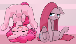 Size: 1223x713 | Tagged: safe, artist:batipin, pinkie pie, earth pony, pony, g4, blushing, duality, eyes closed, featureless crotch, happy, headstand, open mouth, open smile, pinkamena diane pie, sad, self ponidox, silly, sitting, smiling, upside down