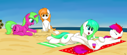 Size: 6000x2600 | Tagged: safe, artist:ponynamedmixtape, oc, oc only, oc:gumdrop, oc:koolaid poptart, oc:rising dawn, oc:skrrah, earth pony, pony, unicorn, beach, chest fluff, hoof on belly, lying down, ocean, sandcastle, sunbathing