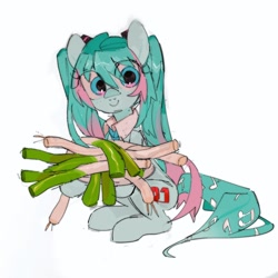 Size: 1378x1378 | Tagged: safe, artist:poneko-chan, pony, food, hatsune miku, herbivore, holding, leek, music notes, ponified, simple background, solo, vocaloid, white background