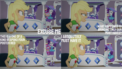 Size: 1280x720 | Tagged: safe, edit, edited screencap, editor:quoterific, screencap, applejack, rarity, camping must-haves, equestria girls, equestria girls series, g4, spoiler:eqg series (season 2), bracelet, clothes, cutie mark, cutie mark on clothes, duo, duo female, eyes closed, female, geode of shielding, geode of super strength, high heels, jewelry, magical geodes, necklace, open mouth, rarity peplum dress, shoes