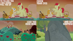 Size: 1280x720 | Tagged: safe, edit, edited screencap, editor:quoterific, screencap, bright mac, pear butter, earth pony, pony, g4, season 7, the perfect pear, cowboy hat, eyes closed, female, guitar, hat, male, mare, musical instrument, open mouth, ship:brightbutter, shipping, stallion, straight
