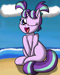 Size: 2400x3000 | Tagged: safe, artist:saburodaimando, starlight glimmer, pony, unicorn, g4, ;d, beach, cute, female, filly, filly starlight glimmer, glimmerbetes, high res, one eye closed, open mouth, open smile, pigtails, sand, smiling, solo, water, wink, younger