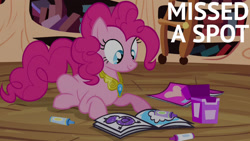Size: 1280x720 | Tagged: safe, edit, edited screencap, editor:quoterific, screencap, pinkie pie, earth pony, pony, g4, princess twilight sparkle (episode), season 4, element of laughter, female, golden oaks library, mare, smiling, solo